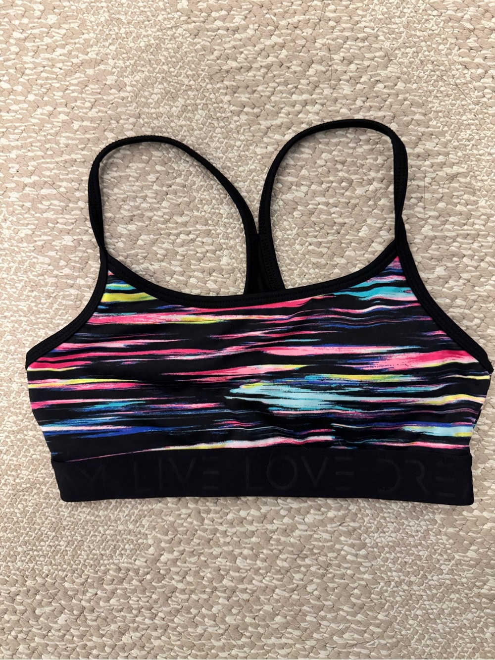 Love Black Sports Bra with Neon Multi-Color Brush Stripe Size Small